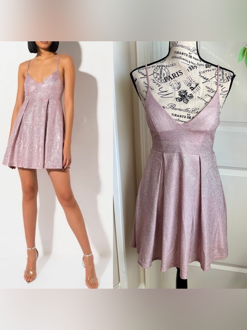 Haute Monde Metallic Strappy Glitter Fit & Flare Party Dress Pink Sz S